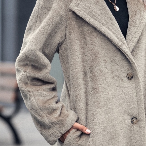 tan button pocket trench coat teddy jacket fall - Picture 3 of 6